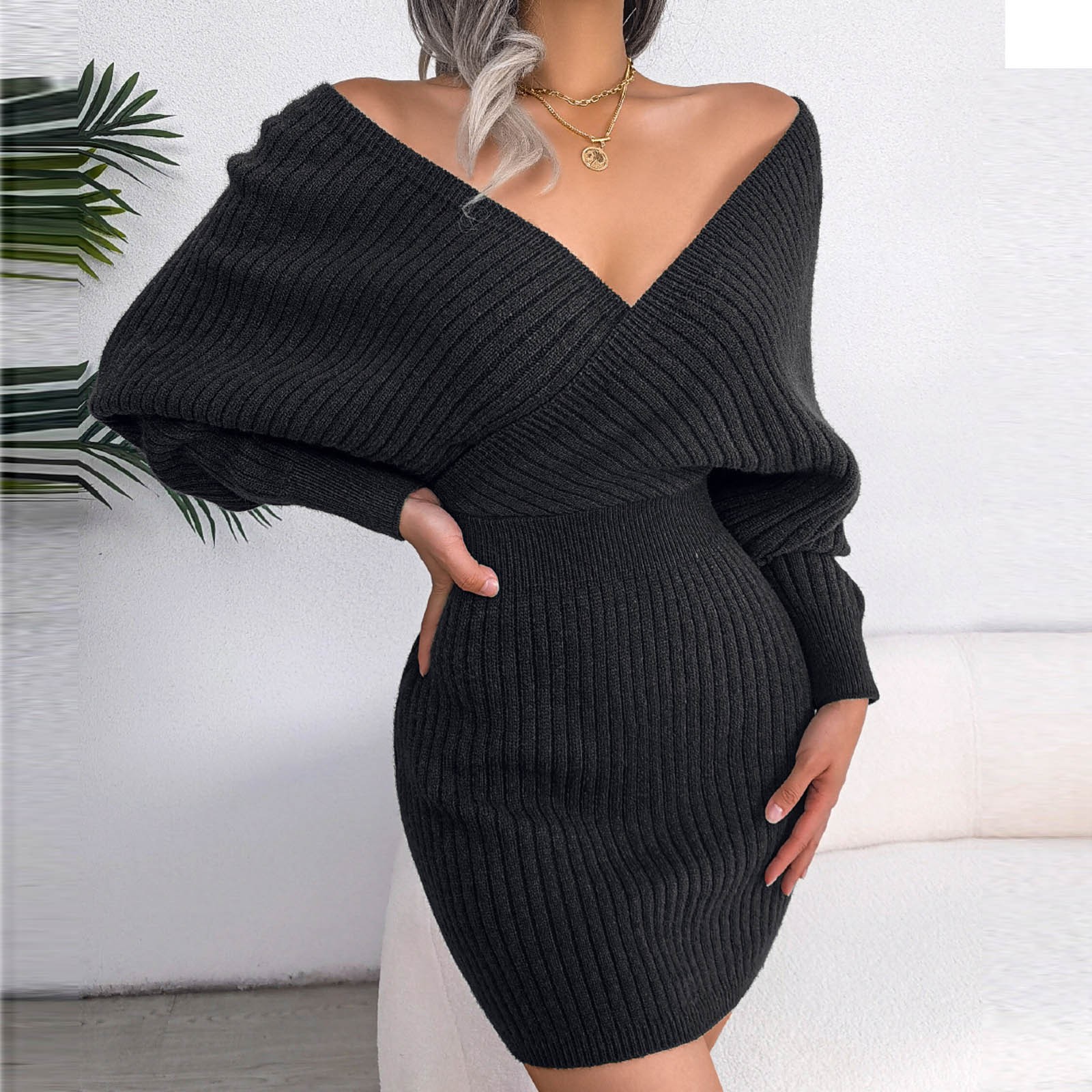 thumbnail image 5 of Mini vestido de manga larga con cuello en V para mujer - Jersey holgado informal - Conjunto de color liso para invierno/otoño (S-L), 5 of 8